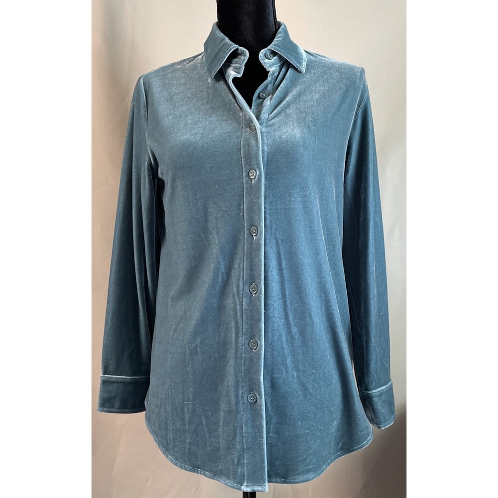 Soft Surroundings Womens PXS Button Down Shirt Blue Velvet Long Sleeve Boyfriend